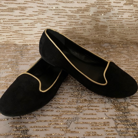 Cole Hann Black Suede Gold Trim Flats - Picture 2 of 6